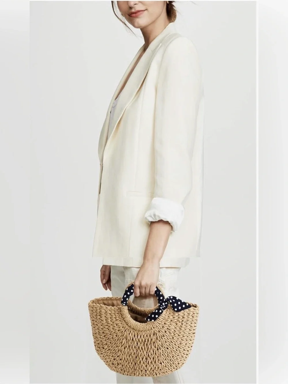 NWOT Woven Straw Satchel with Navy Polka Dot Handle Accent